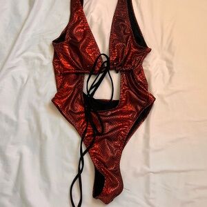 Red Metallic Snakeskin One-Piece Swimsuit